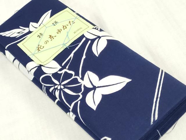 平和屋着物＊夏物　浴衣　反物　着尺　注染　　朝顔　アサガオ　綿　逸品　未使用　DABJ0971zy