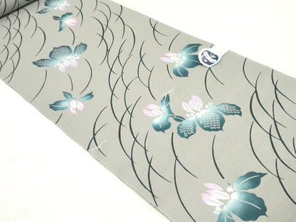 平和屋着物＊夏物　綿紅梅　浴衣　反物　着尺　注染　みそぎ染　芝花文　綿　逸品　未使用　DABJ0992zy