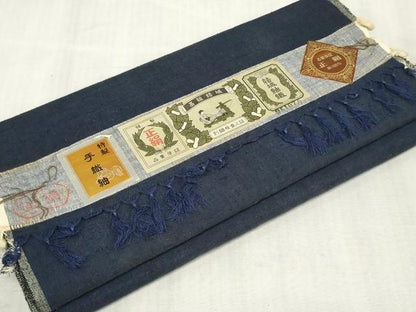 平和屋着物▼男性　結城紬　手織紬　反物　着尺　紺青色　証紙付き　箱付き　逸品　未使用　DABJ0999zy