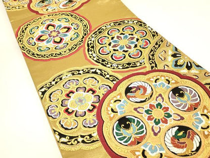 平和屋着物▼六通柄袋帯　唐織　千都錦　宝飾鏡裏文　金糸　正絹　逸品　DABJ1007az