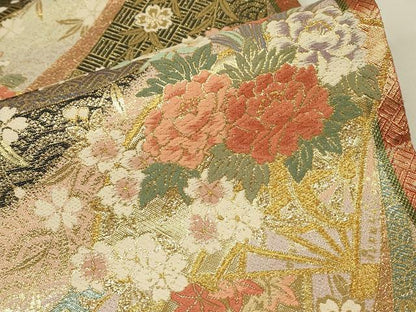 平和屋着物▼佐賀錦　両面　六通柄袋帯　唐織　扇面花文　金糸　正絹　逸品　DABJ1015az