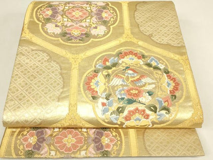 平和屋着物▼六通柄袋帯　唐織　正倉院亀甲花鳥文　金糸　正絹　逸品　DABJ1016az