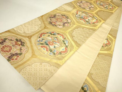 平和屋着物▼六通柄袋帯　唐織　正倉院亀甲花鳥文　金糸　正絹　逸品　DABJ1016az