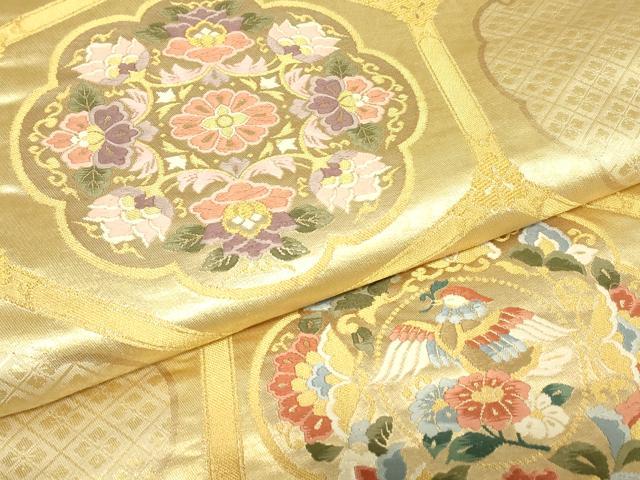 平和屋着物▼六通柄袋帯　唐織　正倉院亀甲花鳥文　金糸　正絹　逸品　DABJ1016az