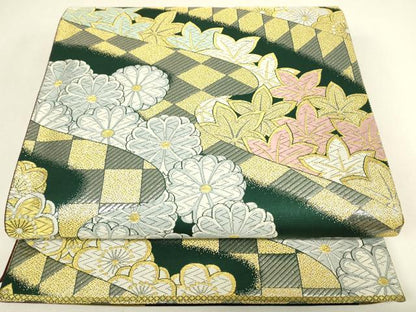 平和屋着物▼両面　六通柄袋帯　菊楓文　金糸　正絹　逸品　DABJ1020az
