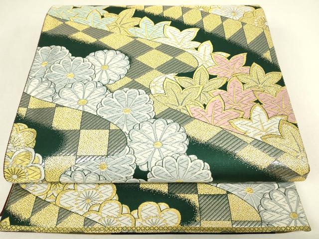 平和屋着物▼両面　六通柄袋帯　菊楓文　金糸　正絹　逸品　DABJ1020az