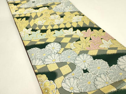 平和屋着物▼両面　六通柄袋帯　菊楓文　金糸　正絹　逸品　DABJ1020az