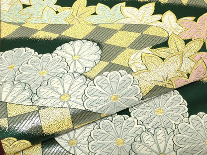 平和屋着物▼両面　六通柄袋帯　菊楓文　金糸　正絹　逸品　DABJ1020az