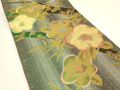 平和屋着物▼両面　六通柄袋帯　笹竹花文　金糸　正絹　逸品　DABJ1024az