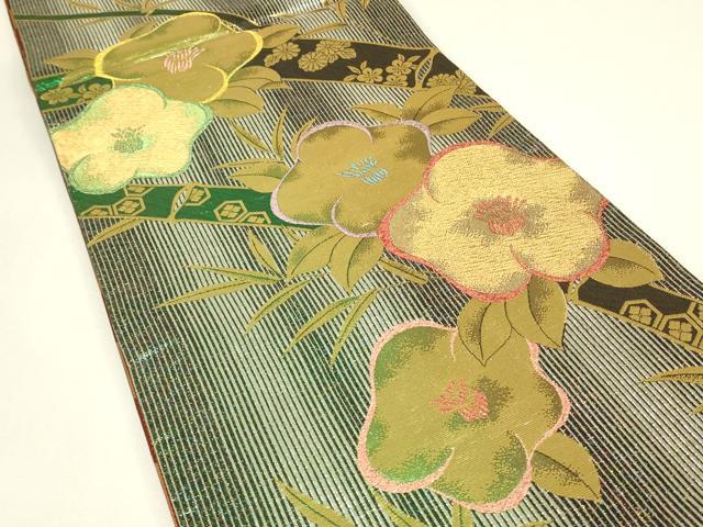 平和屋着物▼両面　六通柄袋帯　笹竹花文　金糸　正絹　逸品　DABJ1024az