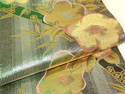 平和屋着物▼両面　六通柄袋帯　笹竹花文　金糸　正絹　逸品　DABJ1024az