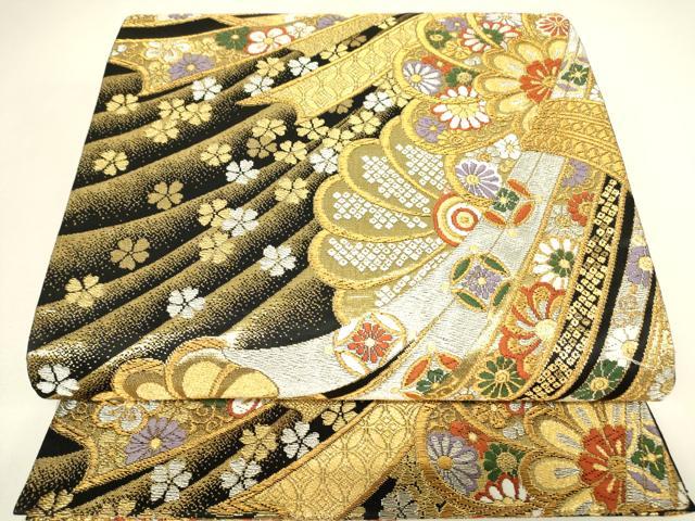 平和屋着物▼六通柄袋帯　束ね熨斗花文　黒地　金銀糸　正絹　逸品　DABJ1026az