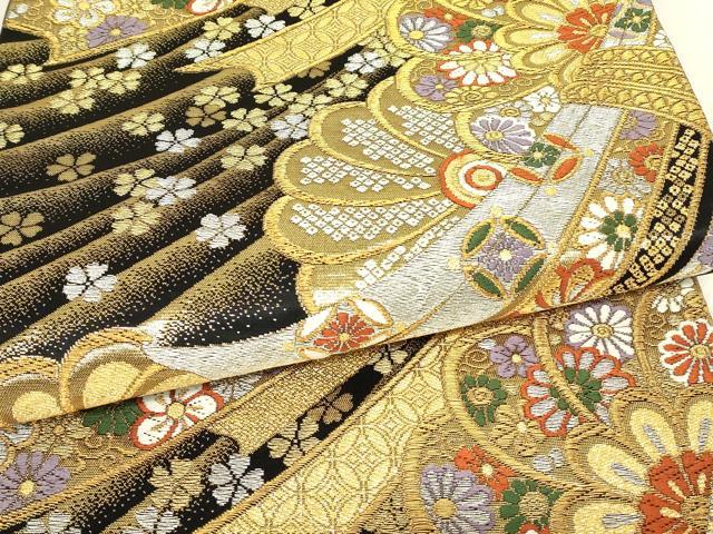 平和屋着物▼六通柄袋帯　束ね熨斗花文　黒地　金銀糸　正絹　逸品　DABJ1026az