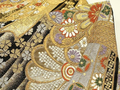 平和屋着物▼六通柄袋帯　束ね熨斗花文　黒地　金銀糸　正絹　逸品　DABJ1026az