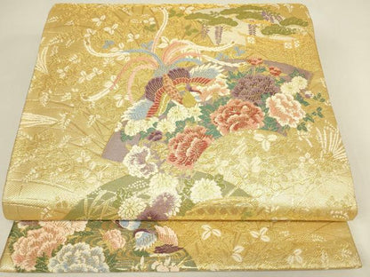 平和屋着物▼六通柄袋帯　蒔絵　地紙鳳凰花文　金糸　正絹　逸品　DABJ1029az