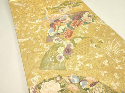 平和屋着物▼六通柄袋帯　蒔絵　地紙鳳凰花文　金糸　正絹　逸品　DABJ1029az