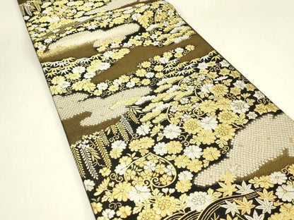 平和屋着物▼佐賀錦　西陣野々村織物謹製　六通柄袋帯　雲取四季花文　金糸　正絹　逸品　DABJ1031az