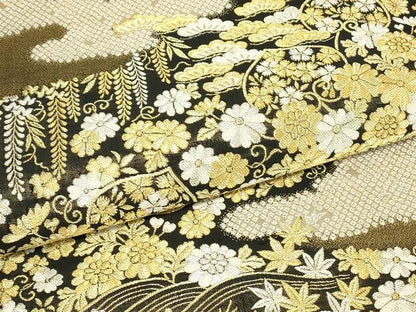 平和屋着物▼佐賀錦　西陣野々村織物謹製　六通柄袋帯　雲取四季花文　金糸　正絹　逸品　DABJ1031az