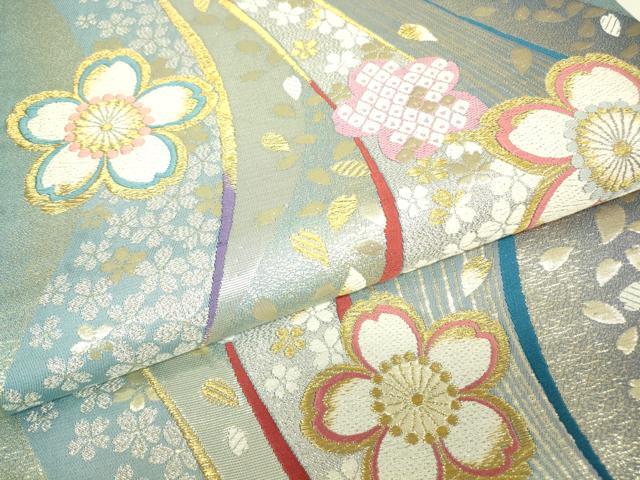 平和屋着物▼六通柄袋帯　流水桜文　金銀糸　正絹　逸品　DABJ1046az