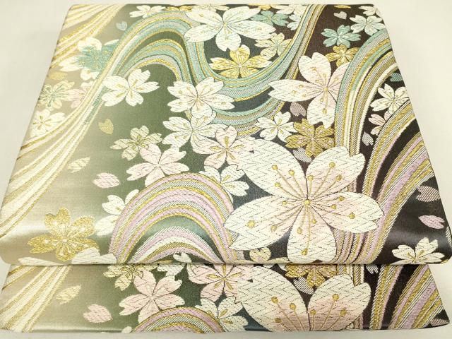 平和屋着物▼六通柄袋帯　流水花文　金糸　正絹　逸品　DABJ1050az