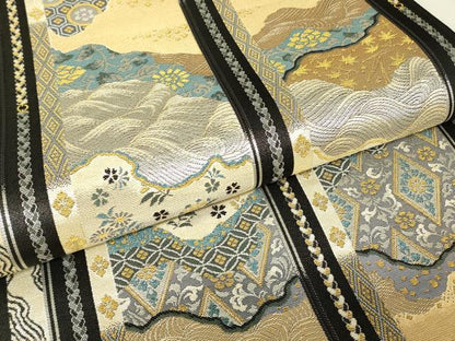 平和屋着物▼六通柄袋帯　道長吉祥花文　黒地　金銀糸　正絹　逸品　DABJ1054az