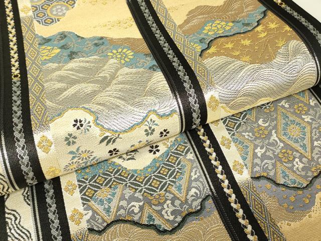 平和屋着物▼六通柄袋帯　道長吉祥花文　黒地　金銀糸　正絹　逸品　DABJ1054az