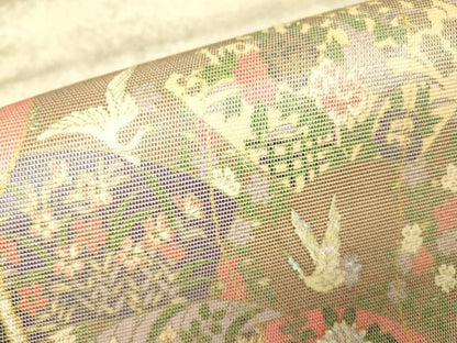 平和屋着物▼太鼓柄袋帯　螺鈿箔　几帳花鳥文　金彩　引箔　正絹　逸品　DABJ1058az