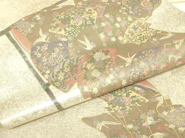 平和屋着物▼太鼓柄袋帯　螺鈿箔　几帳花鳥文　金彩　引箔　正絹　逸品　DABJ1058az