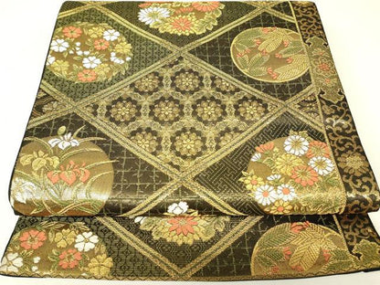平和屋着物▼六通柄袋帯　天井花丸文　金糸　正絹　逸品　DABJ1062az