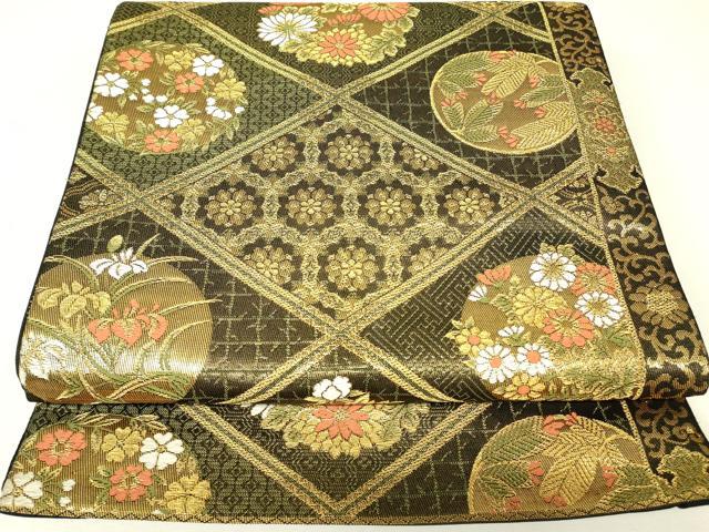 平和屋着物▼六通柄袋帯　天井花丸文　金糸　正絹　逸品　DABJ1062az