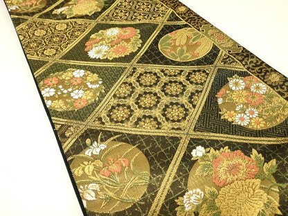 平和屋着物▼六通柄袋帯　天井花丸文　金糸　正絹　逸品　DABJ1062az