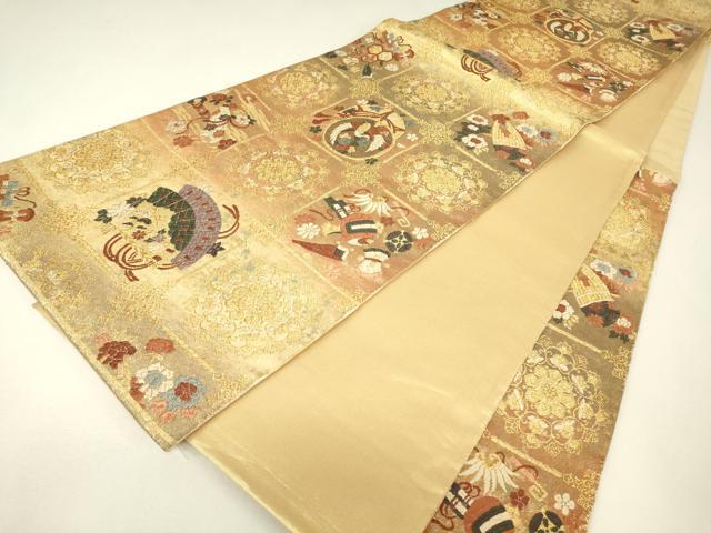 平和屋着物▼佐賀錦　六通柄袋帯　遊彩唐織　正倉院宝尽くし楽器花文　引箔　金糸　正絹　逸品　DABJ1064az