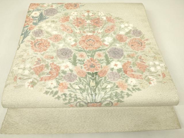 平和屋着物▼太鼓柄袋帯　駒刺繍　総刺繍　陶器花文　銀糸　正絹　逸品　DABJ1068az
