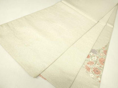 平和屋着物▼太鼓柄袋帯　駒刺繍　総刺繍　陶器花文　銀糸　正絹　逸品　DABJ1068az