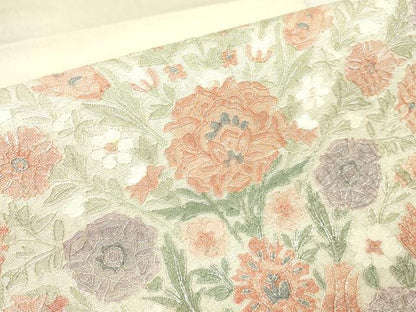 平和屋着物▼太鼓柄袋帯　駒刺繍　総刺繍　陶器花文　銀糸　正絹　逸品　DABJ1068az