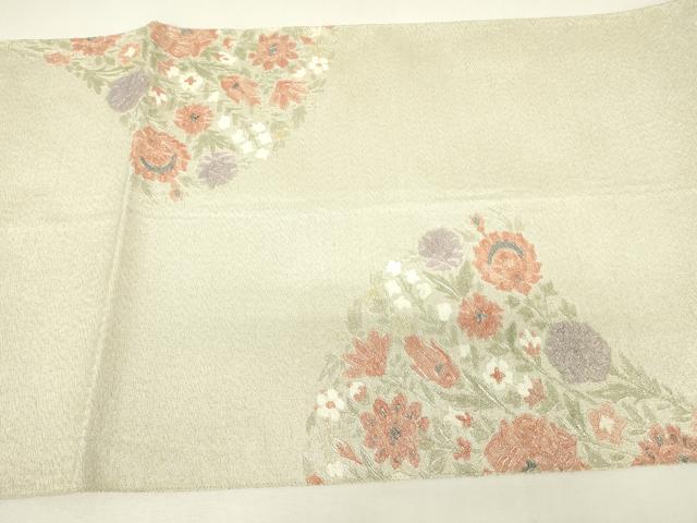 平和屋着物▼太鼓柄袋帯　駒刺繍　総刺繍　陶器花文　銀糸　正絹　逸品　DABJ1068az