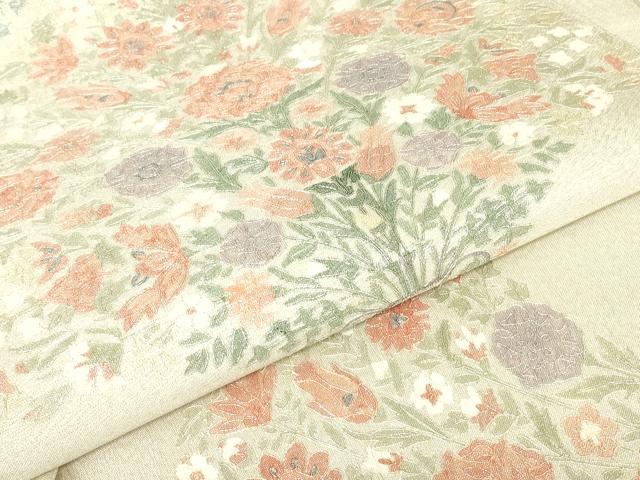 平和屋着物▼太鼓柄袋帯　駒刺繍　総刺繍　陶器花文　銀糸　正絹　逸品　DABJ1068az