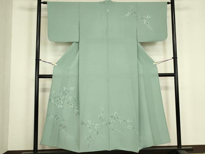 平和屋着物▽中国三大刺繍　スワトウ刺繍　汕頭刺繍　総刺繍　訪問着　単衣　草花文　錆青磁色　金糸　正絹　逸品　DABJ1070az