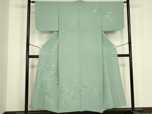 平和屋着物▽中国三大刺繍　スワトウ刺繍　汕頭刺繍　総刺繍　訪問着　単衣　草花文　錆青磁色　金糸　正絹　逸品　DABJ1070az