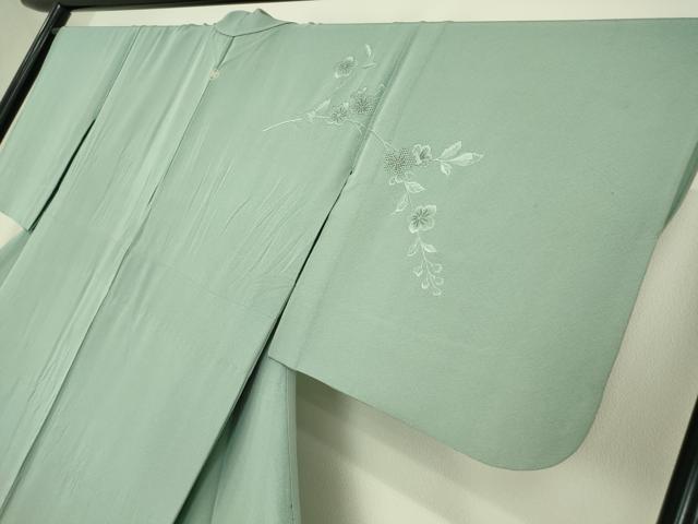 平和屋着物▽中国三大刺繍　スワトウ刺繍　汕頭刺繍　総刺繍　訪問着　単衣　草花文　錆青磁色　金糸　正絹　逸品　DABJ1070az