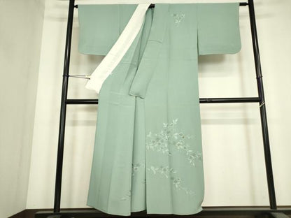平和屋着物▽中国三大刺繍　スワトウ刺繍　汕頭刺繍　総刺繍　訪問着　単衣　草花文　錆青磁色　金糸　正絹　逸品　DABJ1070az