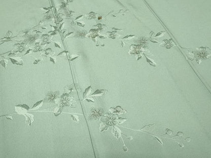 平和屋着物▽中国三大刺繍　スワトウ刺繍　汕頭刺繍　総刺繍　訪問着　単衣　草花文　錆青磁色　金糸　正絹　逸品　DABJ1070az