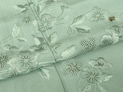 平和屋着物▽中国三大刺繍　スワトウ刺繍　汕頭刺繍　総刺繍　訪問着　単衣　草花文　錆青磁色　金糸　正絹　逸品　DABJ1070az