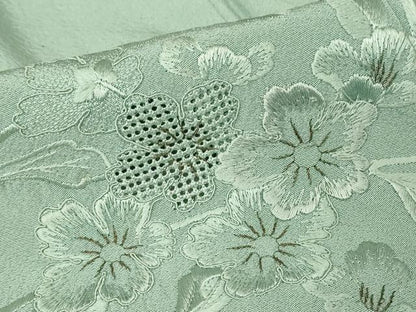 平和屋着物▽中国三大刺繍　スワトウ刺繍　汕頭刺繍　総刺繍　訪問着　単衣　草花文　錆青磁色　金糸　正絹　逸品　DABJ1070az