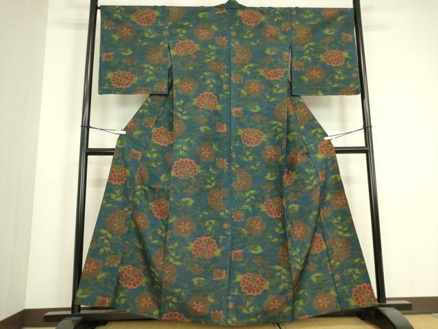 平和屋着物▽上質な紬　単衣　草花文　正絹　逸品　未使用　DABJ1073az