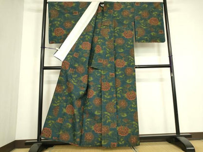 平和屋着物▽上質な紬　単衣　草花文　正絹　逸品　未使用　DABJ1073az