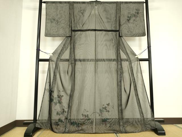 平和屋着物▽訪問着　無双　紗袷　紗×紗　葡萄蔦の葉文　手描き　黒地　正絹　逸品　DABJ1075az