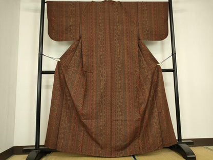 平和屋着物▽上質な小紋　紬地　単衣　更紗花間道　正絹　逸品　DABJ1092az