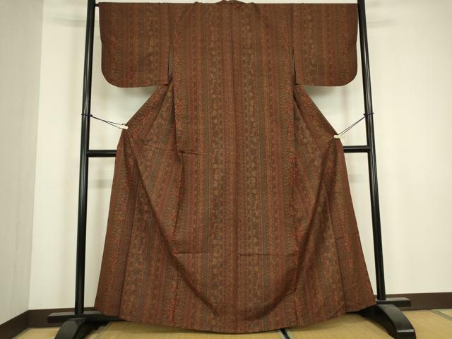 平和屋着物▽上質な小紋　紬地　単衣　更紗花間道　正絹　逸品　DABJ1092az