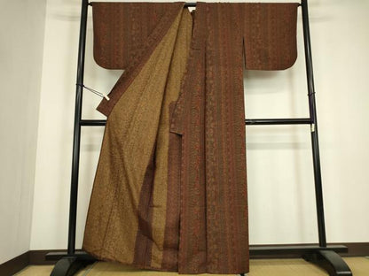 平和屋着物▽上質な小紋　紬地　単衣　更紗花間道　正絹　逸品　DABJ1092az